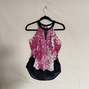 New York & Company Pink Black Baroque Print Halter Blouse Top Size S